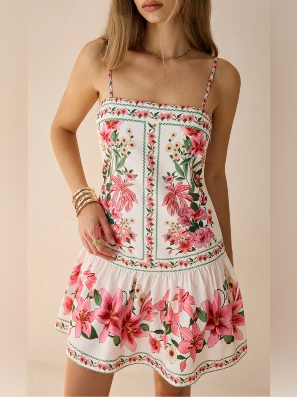 NWT Commense Floral Print Spaghetti-Strap Mini Dress in Pink XS